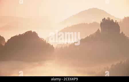 Pink daybreak in landscape.  Misty morning in  beautiful hills. Peaks of hills in  fog Stock Photo
