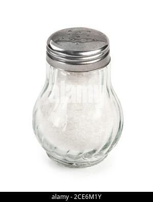 Salt shaker isolated on white background. Salt in glass bottle. Stock Photo