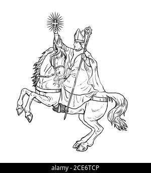 German bishop on horseback. Holy knight drawing. Stock Photo