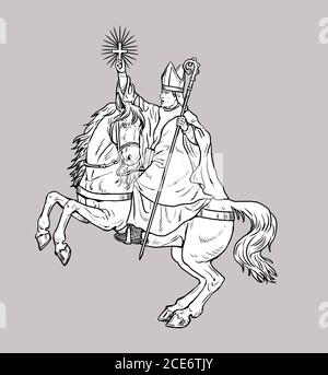 German bishop on horseback. Holy knight drawing. Stock Photo