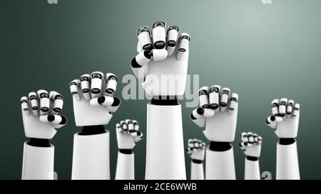 Robot humanoid hands up to celebrate success achieved by using AI Stock Photo