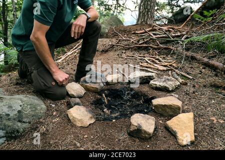 Bad Schandau, Germany. 24th July, 2020. An illegal fireplace in the National Park Saxon Switzerland. The campfire site is bordered with stones. Credit: Tino Plunert/dpa-Zentralbild/ZB/dpa/Alamy Live News Stock Photo