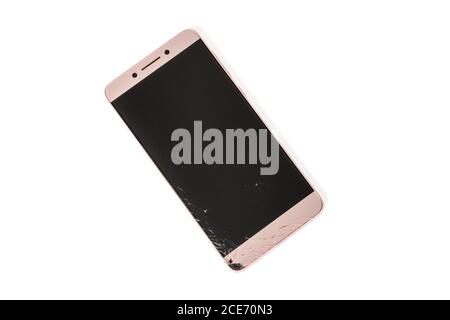 smartphone with broken screen on the corner isolated on white background Stock Photo