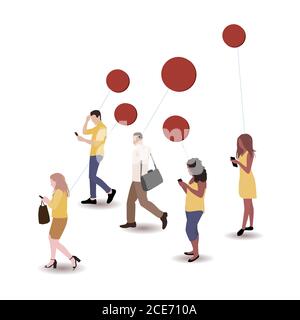 Busy people with thoughts or speech bubble. Busy business people walk to work, cartoon think worker. Vector illustration Stock Vector