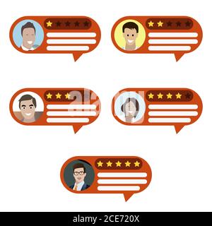 Customer feedback and review, experience satisfaction with golden stars, speech bubble with survey, message opinion online by users man and woman, soc Stock Vector