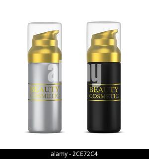 Vector 3D cosmetic illustration for beauty products line for face care. Mockup silver and black bottle of creams on white background. Realistic Vector Stock Vector