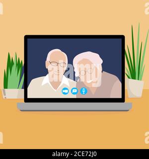 Video call to parents use laptop. Vector online video and chat by laptop, modern technology, for elderly people conversation, grandparents together sp Stock Vector