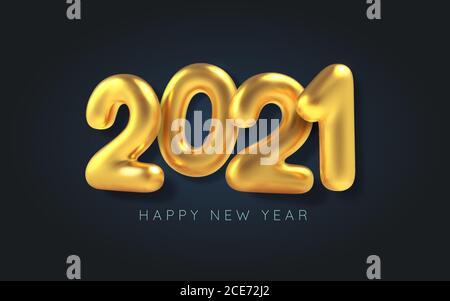 Happy New Year. 3D Realistic golden inscription balloon 2021 on black background. Golden metallic text for banner design. Vector illustration. Stock Vector