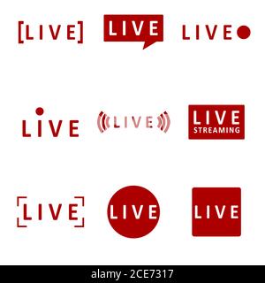 Broadcast mark live for video stream, live play and tv streaming online on website, collection button on air and logo label for window player. Vector Stock Vector