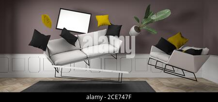 furniture levitating in an apartment 3D rendering Stock Photo