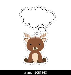 Cute cartoon moose with speech bubble sticker. Kawaii character on white background. Cartoon sitting animal postcard clipart for birthday, baby shower Stock Vector