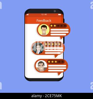 Feedback and rate from customer in smartphone. Vector feedback and review on mobile screen, rating star and comment evaluate. Illustration recommend f Stock Vector