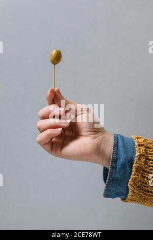 unrecognizable crop female with green olive on toothpick for cocktail on gray background in studio Stock Photo