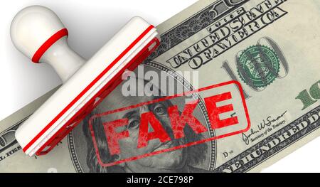 Counterfeit American Dollar Bill. White stamp and red imprint FAKE on the US dollar banknote. 3D illustration Stock Photo