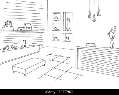 Shoe shop graphic black white interior sketch illustration vector Stock Vector