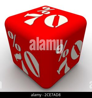 One cube labeled seventy percentages. Red cube with white text 70% (seventy percentages) isolated on white surface. 3D illustration Stock Photo