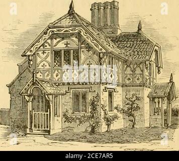 . The Englishman's house, from a cottage to a mansion. A practical guide to members of building societies, and all interested in selecting or building a house . Plaster frieze for drawinir-roora. DESIGN No. 4.A DOUBLE COTTAGE.. Perspective view. Stock Photo