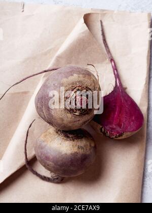 Fresh whole and sliced beetroot viewed from above Stock Photo