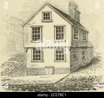 . Antique views of ye towne of Boston . ANTIQUE VIEWS OF BOSTON. 93franklins birth place. The quaint looking structure here presented as the birth placeof Bostons most distinguished citizen Benjamin Franklin—wasreproduced by the Photo-Electrotype Engraving process, from anengraving in Shaws History of Boston. It stood on the site ofthe Boston Daily Post building, on Milk .Street, until destroyed bytire on December 29, 1810, shortly after a drawing had been se-cured.. BIRTH PLACE OF FRANKLIN. (Forraerlv stood on the site of the Boston Daily Post building on Milk Street.) Josiah, the father of B Stock Photo