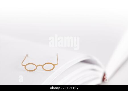 Tiny reading glasses on an open book with blank pages. White background with text space. No words Stock Photo