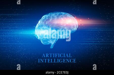 Artificial Antelligence AI Concept. Hologram of human brain with neural networks, 3D Stock Photo