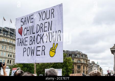 TRAFALGAR SQUARE, LONDON/ENGLAND- 29 August 2020: Protesters at the The Unite for Freedom rally; where thousands gathered to protest against lockdown Stock Photo