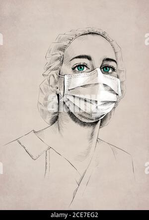 Drawing of young female medic with blue eyes wearing uniform and surgical mask Stock Photo