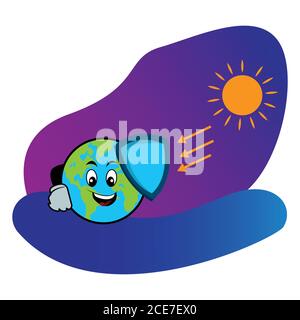 Protection ozone illustration. Earth character cartoon with shield. Design template vector Stock Vector