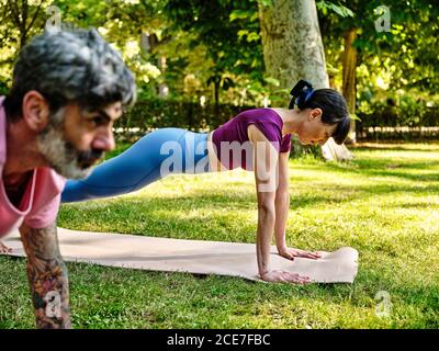 Side view of concentrated man and Woman in sportswear practicing yoga in Phalakasana on mat in park in summer together Stock Photo