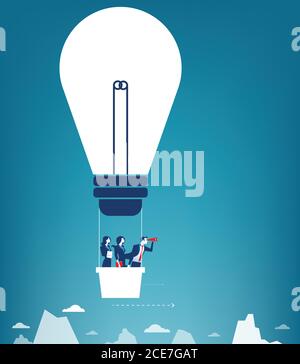 Business team flying in the sky on hot air balloon. Looking over mountain peaks. Concept business illustration. Vector flat Stock Vector