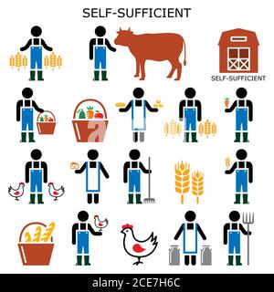 Self-sufficient farmer vector color icons, self sufficiency farming concept, eco and green living design collection Stock Vector