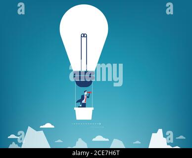 Businessman flying in the sky on hot air balloon. Looking over mountain peaks. Concept business illustration. Vector flat Stock Vector