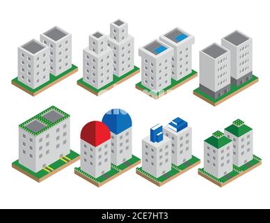 Set of the isometric vector elements. Skyscrapers, park with ponds, city buildings and shops Stock Vector