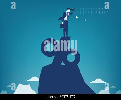 Man looking through telescope standing on top of percentage sign. Concept business illustration Stock Vector