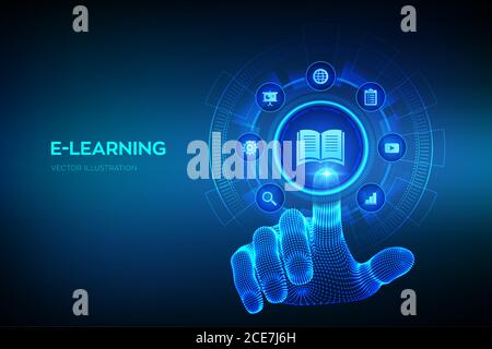 E-learning. Innovative online education and internet technology concept. Webinar, teaching, online training courses. Skill development. Wireframe hand Stock Vector