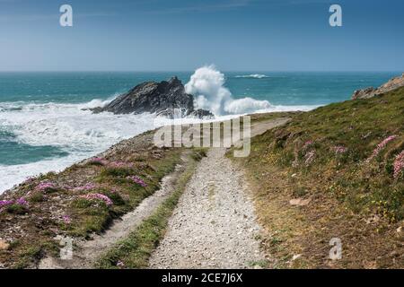 Wild waves crashing over Goose Island off Pentire Point East in Newquay in Cornwall. Stock Photo