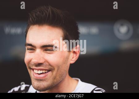 Giro d'Italia Stage 5 Pedara to Messina, Italy. 10th May, 2017. Tom Dumoulin is interviewed before the stage. Stock Photo