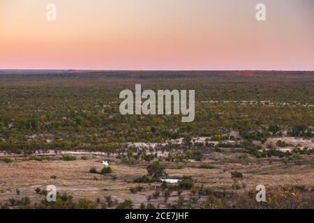 Morning view of the savanna, from the hill of Sinamatella camp,  Hwange National Park, Matabeleland North, Zimbabwe, Africa Stock Photo