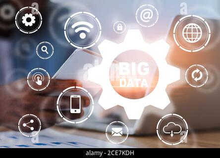 Information Storage Systems. Big Data Inscription In Gear Sign And Different Multimedia Icons Stock Photo