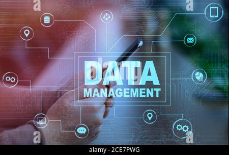 Data Management Infographic Layered Over Female Hands With Smartphone, Creative Collage Stock Photo