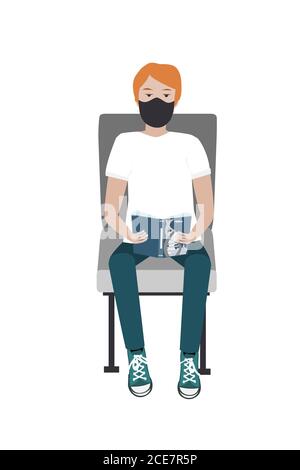 Young man in medical mask sitting on the train chair and reading a book. Vector illustration. Quarantine and social distancing concept, design element Stock Vector