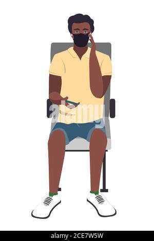Seating African young guy with medical face mask using smartphone. Vector illustration. Train passenger with protective mask texting on mobile phone Stock Vector
