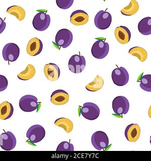 Illustration on theme big colored seamless purple plum, bright fruit pattern for seal. Fruit pattern consisting of beautiful seamless repeat plum. Sim Stock Vector