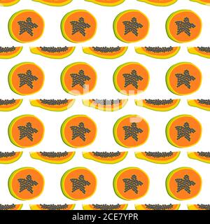 Illustration on theme big colored seamless papaya, bright fruit pattern for seal. Fruit pattern consisting of beautiful seamless repeat papaya. Simple Stock Vector