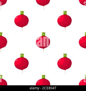 Illustration on theme of bright pattern red radish, vegetable root for seal. Vegetable pattern consisting of beautiful red radish, many root. Simple c Stock Vector