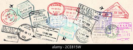 Passport visas stamps on sepia textured, vintage travel collage background Stock Photo