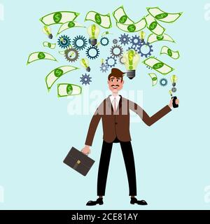 Vector cartoon flat businessman generating a money idea. In mind lamp with idea dollars, works gears and brings income desition and attracts huge mone Stock Vector