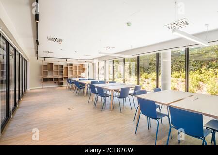 Modern style office interior with square tables and blue stools on floor and wooden shelves on wall with large window and lamps on ceiling Stock Photo