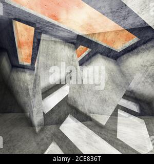 Abstract dark concrete background with yellow skylights, digital  illustration with double exposure effect, mixed media. Square 3d rendering illustrat Stock Photo