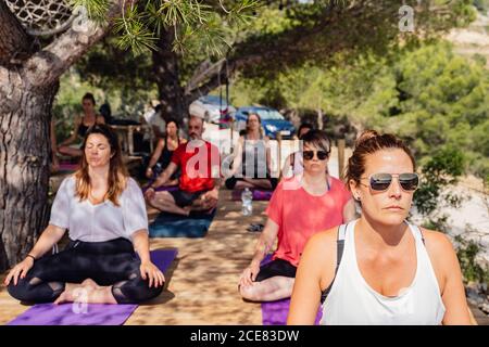 Group of peaceful diverse people in activewear meditating in Padmasana position while practicing yoga in summer park Stock Photo
